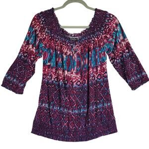 Lucky Brand Peasant Blousy Top M Purple Blue Vibrant Stretchy Boho 70's Festival